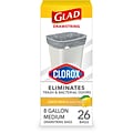 Glad Medium Drawstring Trash Bags with Clorox, 8 Gallon, Grey, Lemon Fresh Bleach Scent, 26/Box(7931