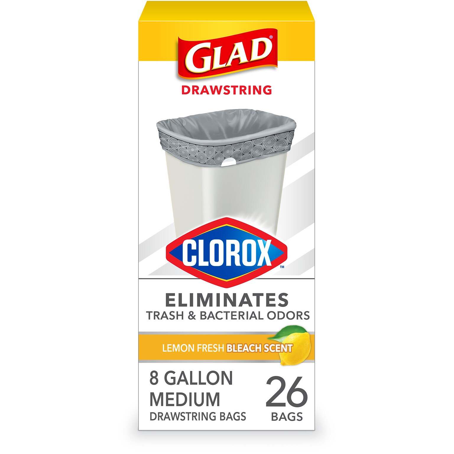 Glad Medium Drawstring Trash Bags with Clorox, 8 Gallon, Grey, Lemon Fresh Bleach Scent, 26/Box(79316)