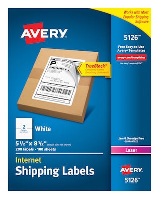 Avery TrueBlock Laser Shipping Labels, 5-1/2 x 8-1/2, White, 2 Labels/Sheet, 100 Sheets/Box (5126)