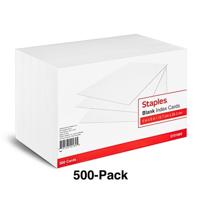 Staples 5" x 8" Index Cards, Blank, White, 500/Pack (TR51005)