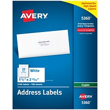 Avery Address Labels for Copiers, 1-1/2 x 2-13/16, White, 21 Labels/Sheet, 100 Sheets/Box (5360)