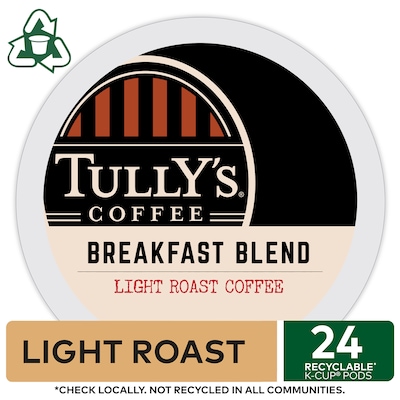 Tully's Breakfast Blend Coffee, Light Roast, 0.40 oz. Keurig® K-Cup® Pods, 24/Box (192719)
