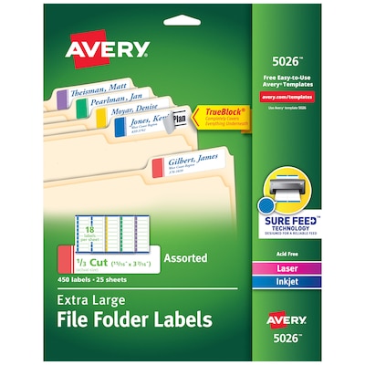 Avery Extra Large Laser/Inkjet File Folder Labels, 15/16 x 3 7/16, Assorted Colors, 18/Sheet, 25 S