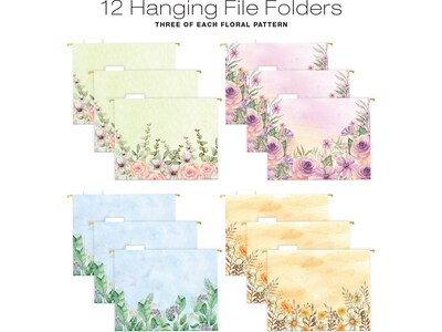 Global Printed Products Deluxe Designer Watercolor Floral Hanging File Folder Kit, 1/3-Cut Tab, Letter Size, Assorted Colors