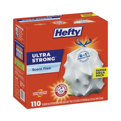 Hefty® Ultra Strong Tall Kitchen and Trash Bags, 13 gal, 0.9 mil, 23.75 x 24.88, White, 110 Bags/B