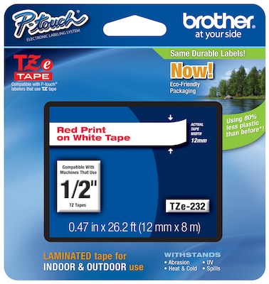Brother P-touch TZe-232 Laminated Label Maker Tape, 1/2 x 26-2/10, Red On White (TZe-232)