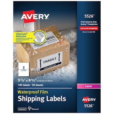 Avery Waterproof Laser Shipping Labels, 5-1/2 x 8-1/2, Matte White, 2 Labels/Sheet, 50 Sheets/Box,