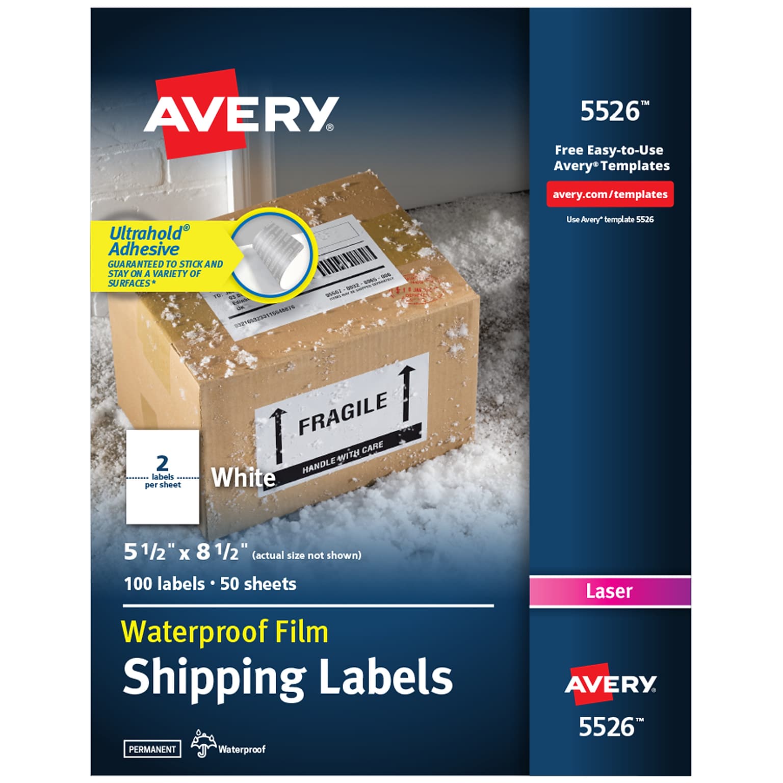 Avery Waterproof Laser Shipping Labels, 5-1/2 x 8-1/2, Matte White, 2 Labels/Sheet, 50 Sheets/Box, 100 Labels/Box (5526)