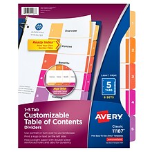 Avery Ready Index Table of Contents Paper Dividers, 1-5 Tabs, Multicolor, 6 Sets/Pack (11187)