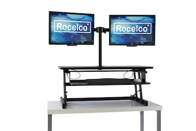 Rocelco 37.5" Height Adjustable Standing Desk Converter with Dual Monitor Mount, Sit Stand Up Riser, Black (R DADRB-DM2)