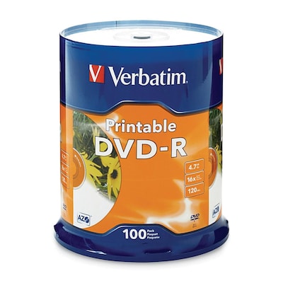 Verbatim® 4.7GB 16X Inkjet Printable DVD-R; Spindle, 100/Pack