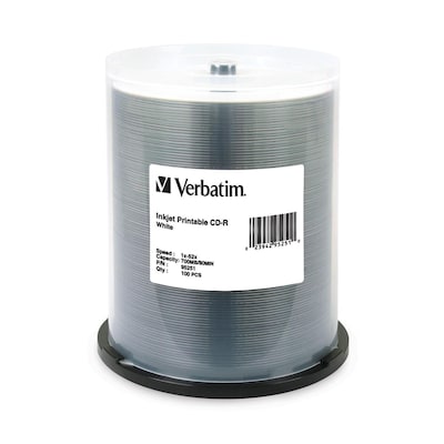 Verbatim® 700MB White Inkjet Printable CD-R; Spindle, 100/Pack