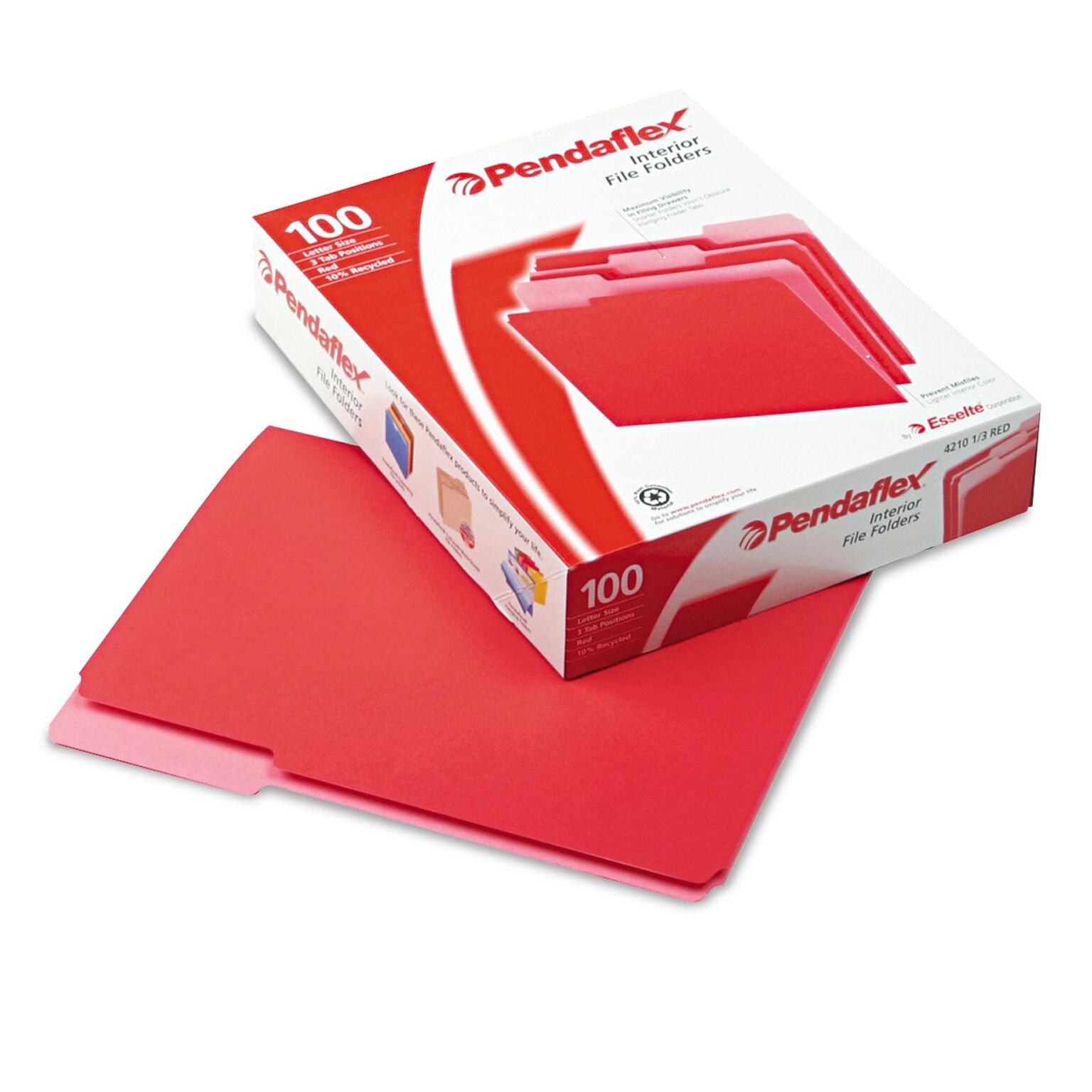 Pendaflex File Folder, 3 Tab, Letter Size, Red, 100/Box (PFX 4210 1/3 RED)