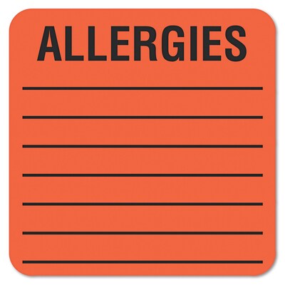 Tabbies® Medical Labels ALLERGIES, 2 x 2, Fluorescent Red, 500/Roll