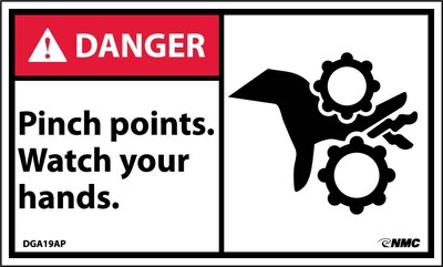 Danger Labels; Pinch Points Watch Your Hands (Graphic), 3X5, Adhesive Vinyl, 5/Pk