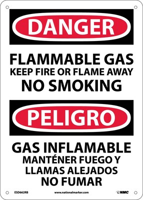 Flammable Gas Keep Fire Or Flame Away No Smoking, Bilingual, 14X10, Rigid Plastic, Danger Sign