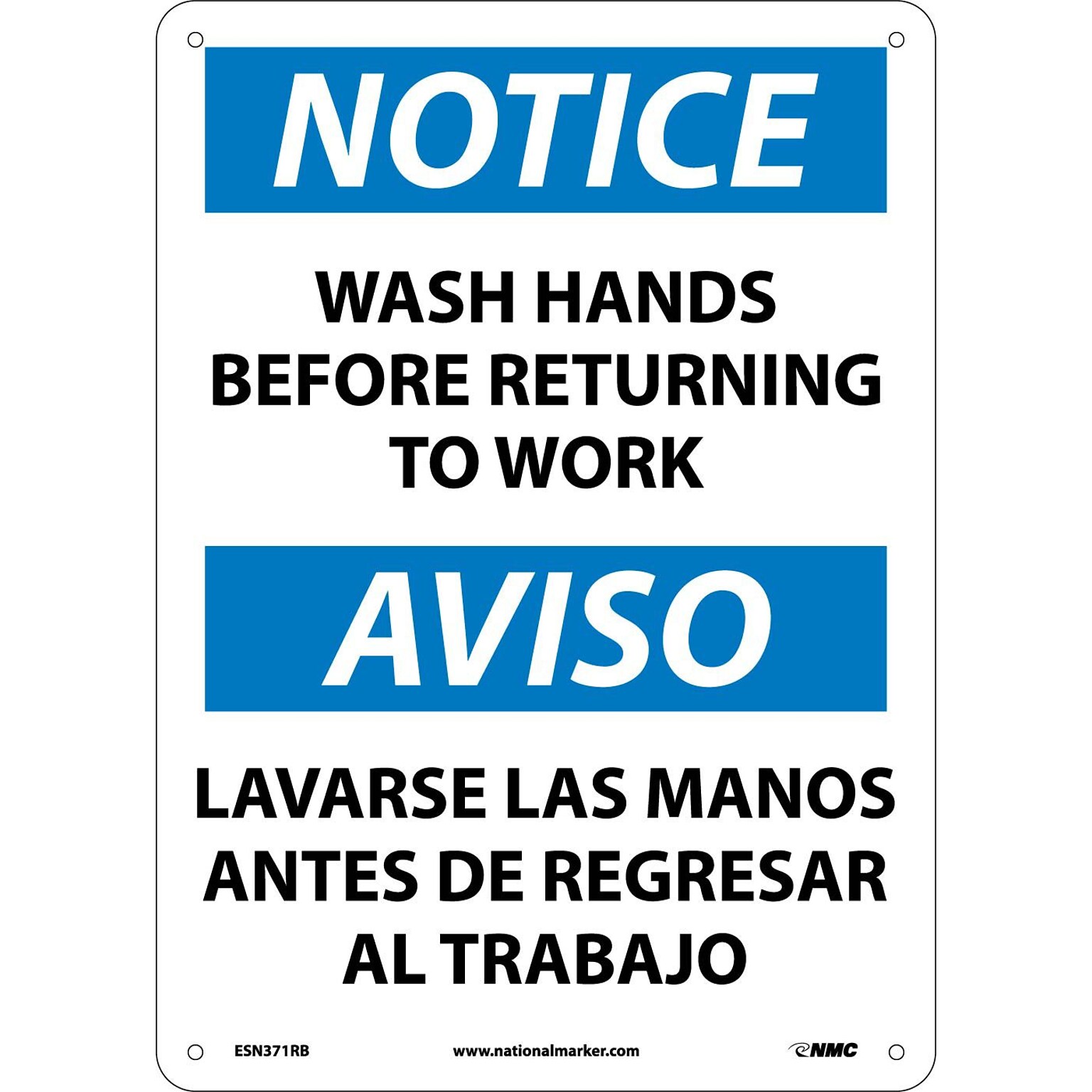 Notice Signs; Wash Hands Before Returning To Work, Bilingual, 14X10, Rigid Plastic