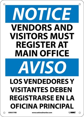Notice Signs; Vendors And Visitors Must Register At Main Office, Bilingual, 14X10, Rigid Plastic