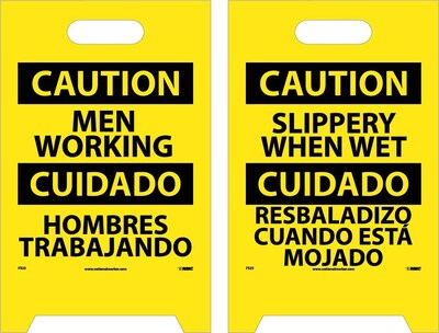 Floor Signs; Dbl Side, Caution Men Working Caution Slippery When Wet (Bilingual), 20X12
