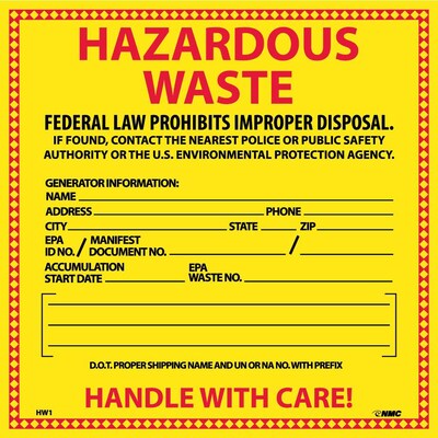 Hazard Labels; Hazardous Waste, 6X6, Adhesive Vinyl, 25/Pack