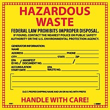 Hazard Labels; Hazardous Waste, 6X6, Adhesive Vinyl, 25/Pack