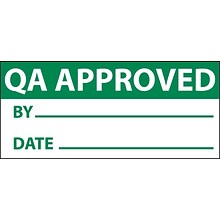 Inspection Labels; Qa Approved, Grn/Wht, 1 x 2 1/4, Adhesive Vinyl (27 Labels)