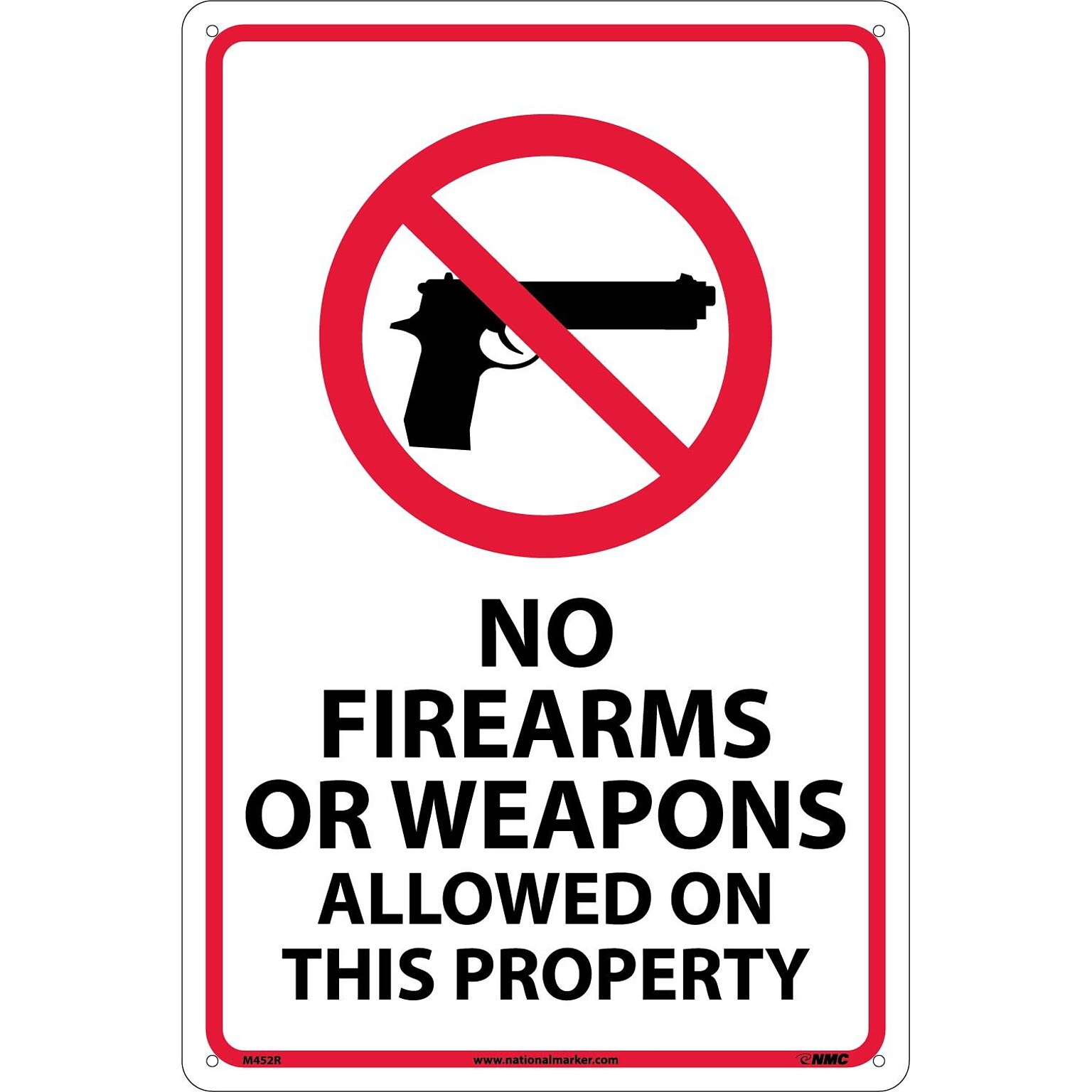 Notice Signs; No Firearms Or Weapons Allowed On This Property, 18X12, Rigid Plastic
