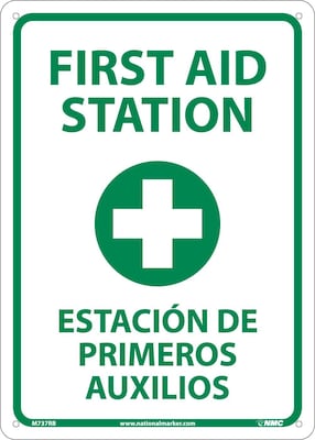 Notice Signs; First Aid Station (Graphic), Bilingual, 14X10, Rigid Plastic