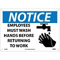 Notice Signs; Employees Must Wash Hands Before Returning To Work, Graphic, 10X14, Rigid Plastic