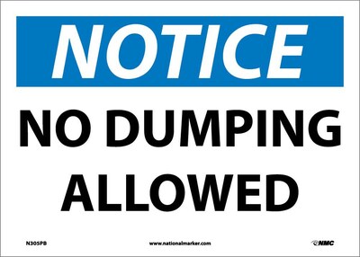 Notice Labels; No Dumping Allowed, 10 x 14, Adhesive Vinyl