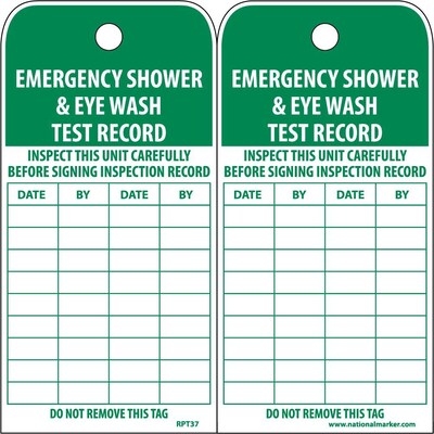 Accident Prevention Tags; Emergency Shower And Eye Wash Test Record, 6 x 3, Unrip Vinyl, 25/Pack