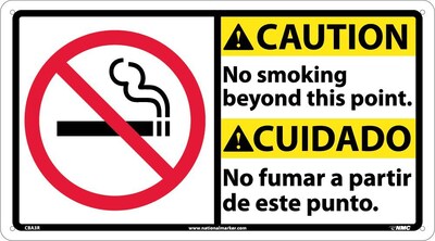 Caution Signs; No Smoking Beyond This Point (Bilingual W/Graphic), 10X18, Rigid Plastic