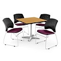 OFM 36 Square Flip-Top Oak Table With 4 Chairs, Burgundy