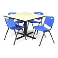 Regency Seating Maple Lunchroom Table 42 Laminate Top & Metal X Base with 4 Blue M Stack Chairs