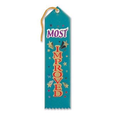 Beistle 2 x 8 Most Improved Award Ribbon; Teal, 9/Pack