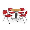 OFM™ 42 Round Oak Laminate Multi-Purpose Table With 4 Rico Chairs, Red