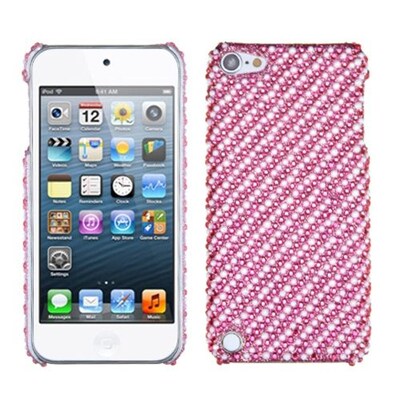 Insten® Stripe Diamante Phone Back Protector Cover For iPod Touch 5th Gen; White/Pink