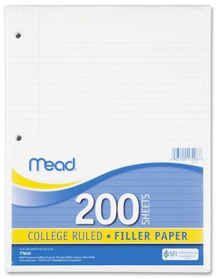 Filler Paper, College Ruled, 3 Hole Punched, 16 lb Stock, Red Margin Rule, 8-1/2x11, White, 200 Sh
