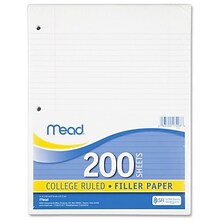 Filler Paper, College Ruled, 3 Hole Punched, 16 lb Stock, Red Margin Rule, 8-1/2x11, White, 200 Sh