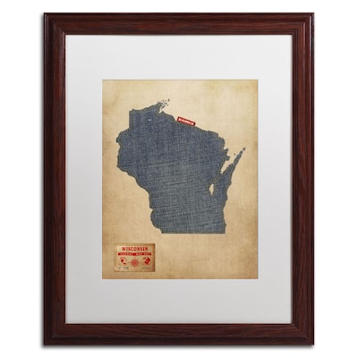 Trademark Michael Tompsett Wisconsin Map Denim Jeans.. Art, White Matte W/Wood Frame, 16 x 20