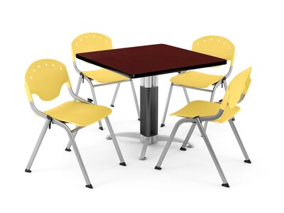 OFM PRKBRK-024-0016 42 Square Laminate Multipurpose Mahogany Table With 4 Lemon Yellow Chairs