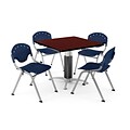 OFM PRKBRK-022-0017 36 Square Laminate Multipurpose Table w 4 Chairs, Mahogany Table/Navy Chair