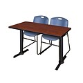 Regency Cain 48 x 24 Training Table, Cherry and 2 Zeng Stack Chairs, Blue (MTRCT4824CH44BE)