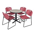 Regency Cain 30 Round Break Room Table, Maple and 4 Zeng Stack Chairs, Burgundy (TB30RNDPL44BY)