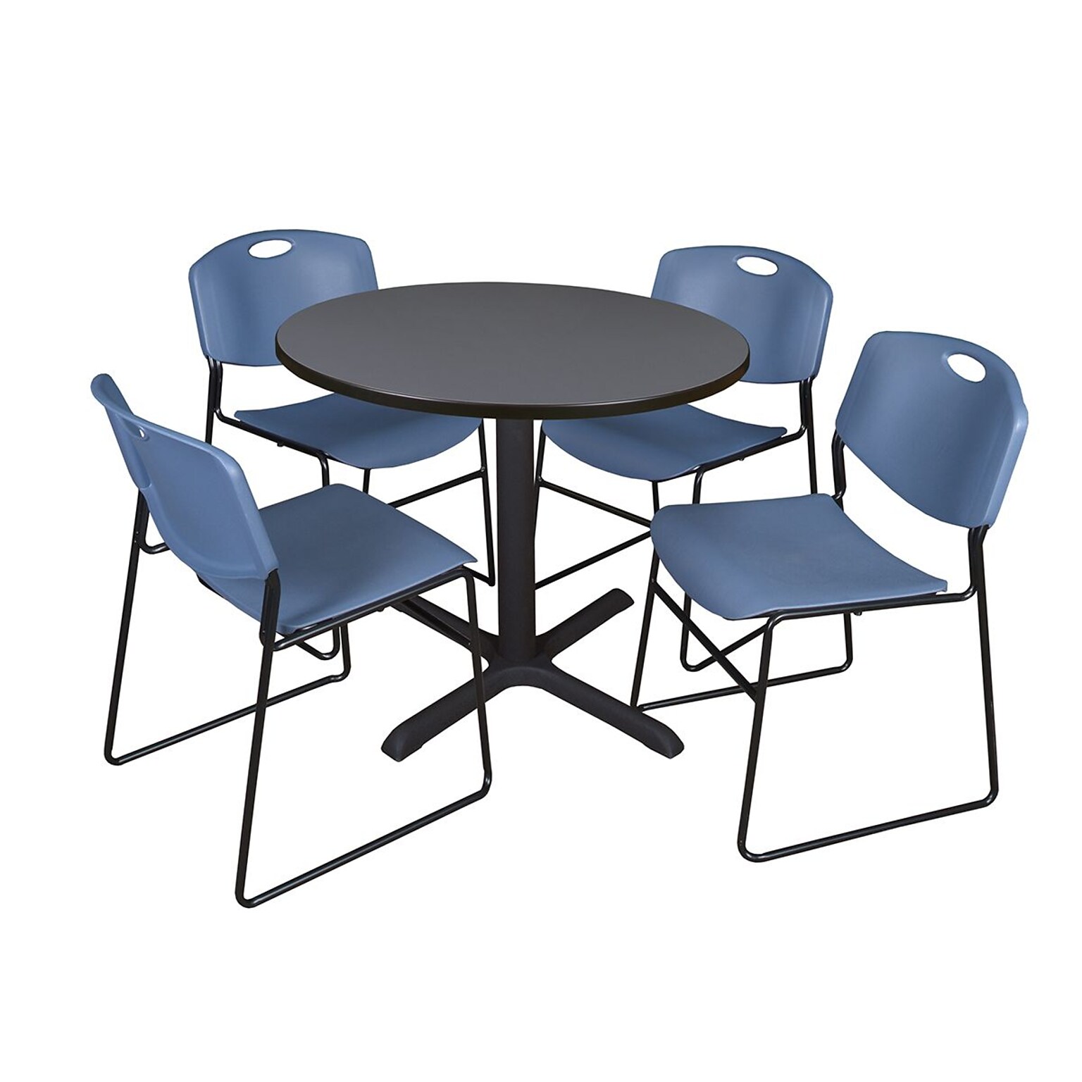 Regency 36-inch Training & Hospitality Round Shape Laminate Table with 4 Chairs, Blue (TB36RNDGY44BE)
