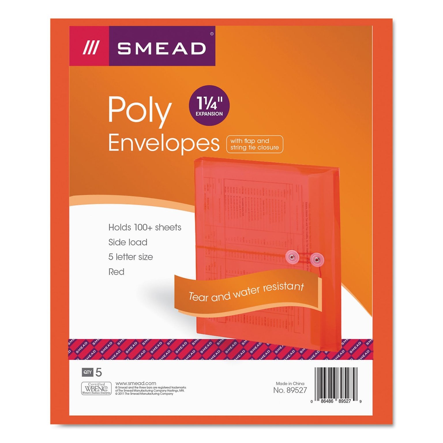 Smead Plastic File Pocket, 1 1/4 Expansion, Letter Size, Red, 5/Each (SMD89527)