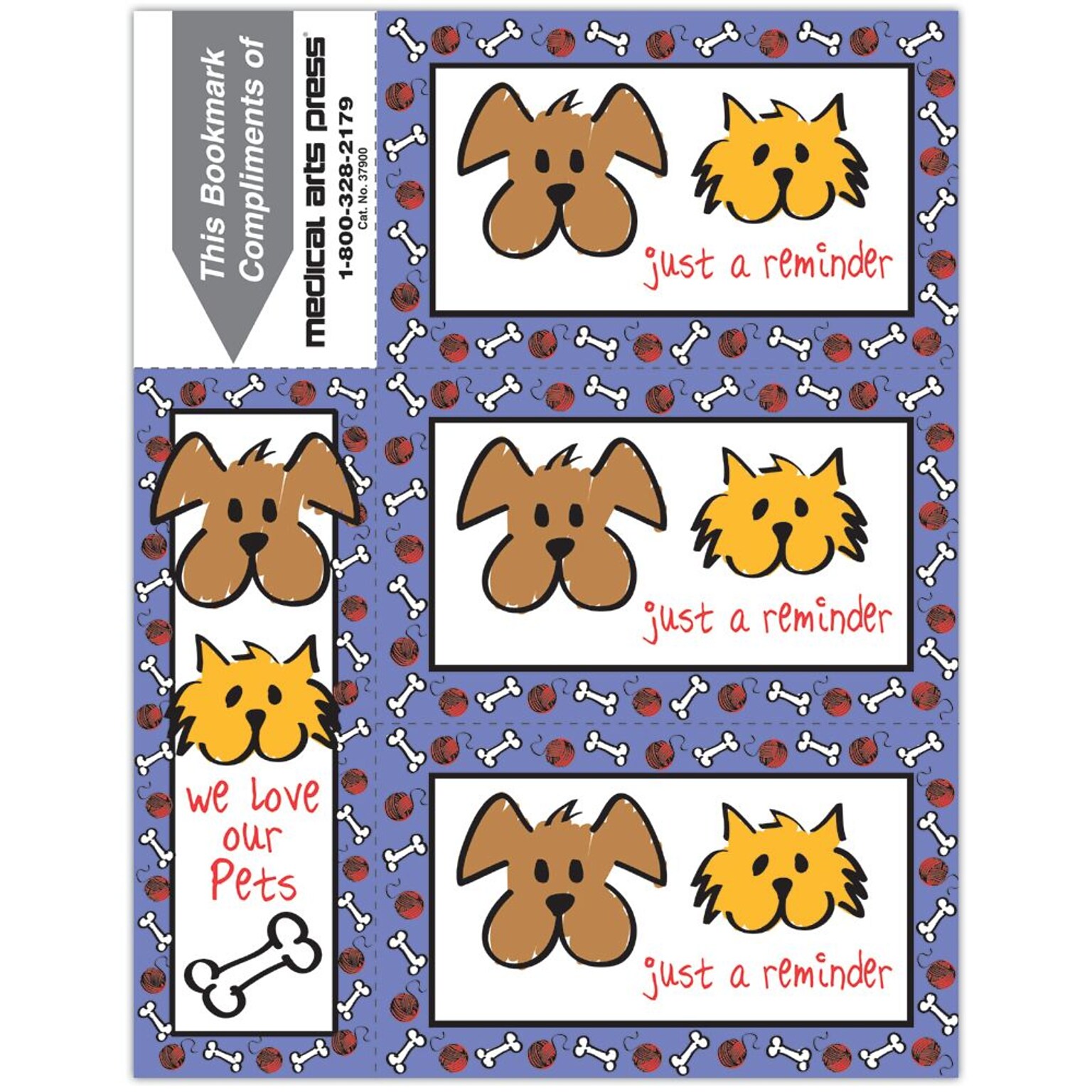 Graphic Image 3-Up Laser Postcards with Bookmark, Animated Dog and Cat, Bone and Yarn Border, 150 Postcards/Packk