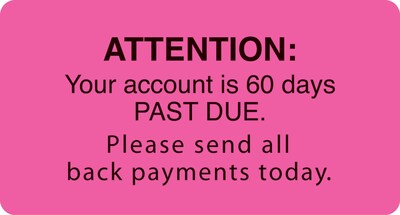 Medical Arts Press® Reminder & Thank You Collection Labels, Attn./60 Days Past Due, Fl Pink, 1-3/4x3
