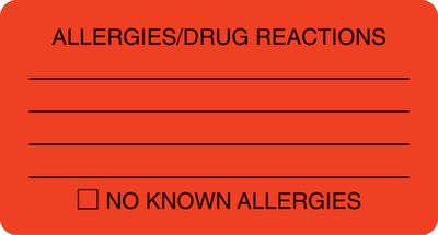 Allergy Warning Medical Labels, Allergies/Drug Reactions, Fluorescent Red, 1-3/4x3-1/4, 500 Labels