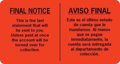 English/Spanish Collection Pre-Printed Labels, Final Notice, 1.75 x 3.25 inch, 500 Labels